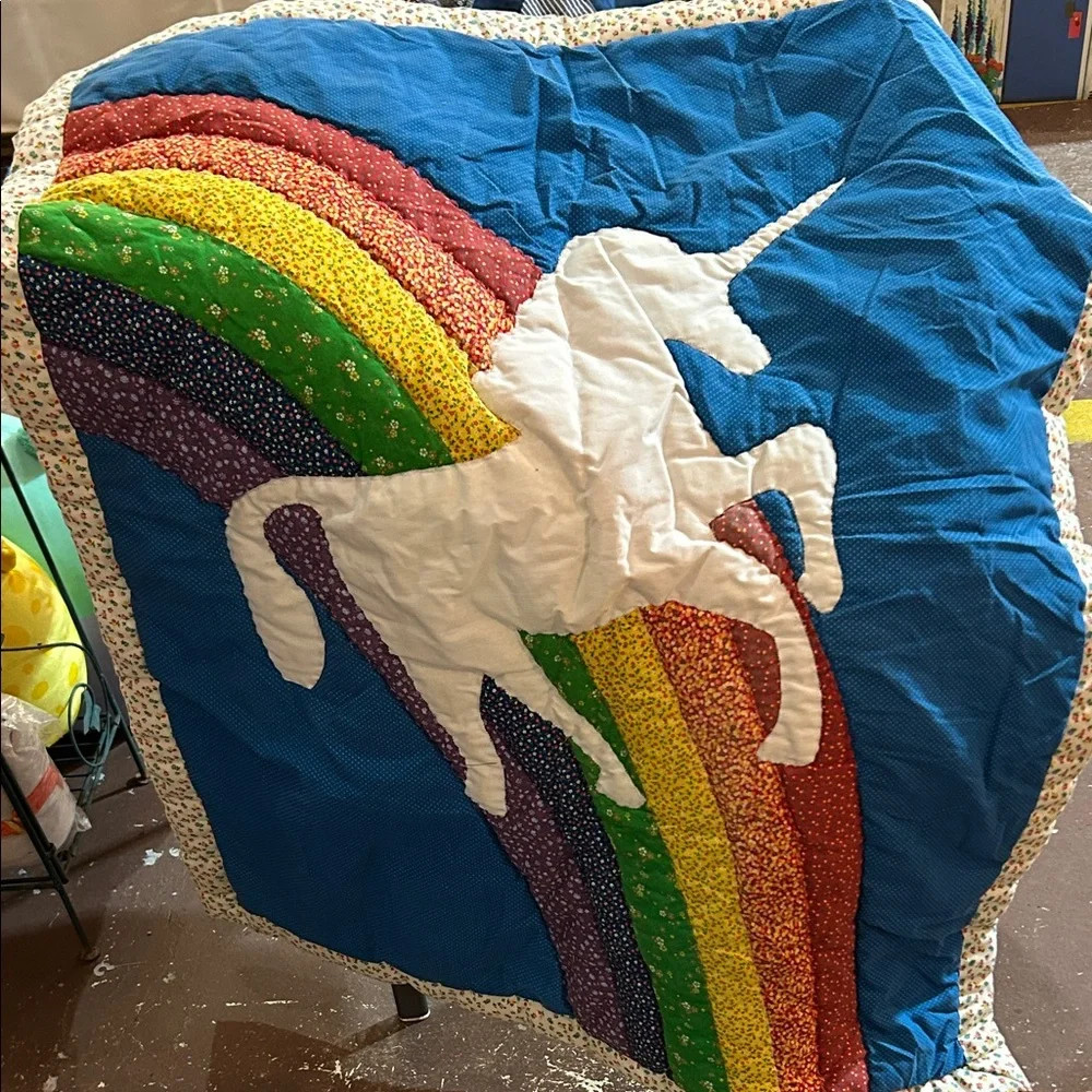 Hand Made Unicorn & Rainbow Quilted Wall Hanging 60s Fabric OOAK